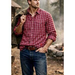 Relwen Huckberry Men’s Red Plaid Button Down Shirt Sz S Cabin Core Hiking EUC